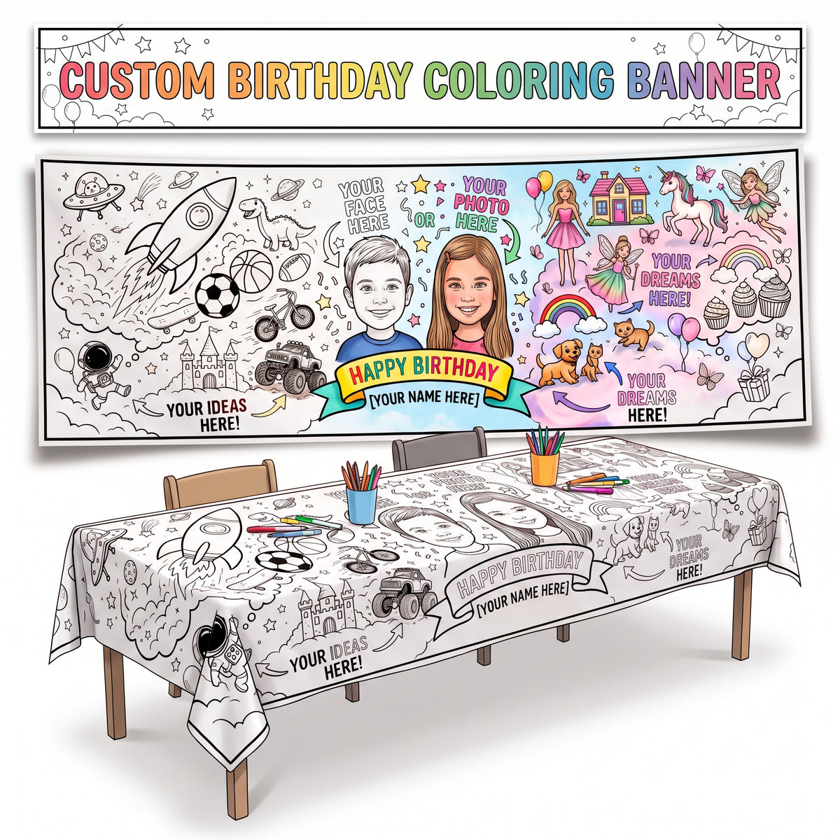 Custom Birthday Coloring Page Table Cloth - Your Photo or Idea Turned Into a Coloring Page Young N Refined