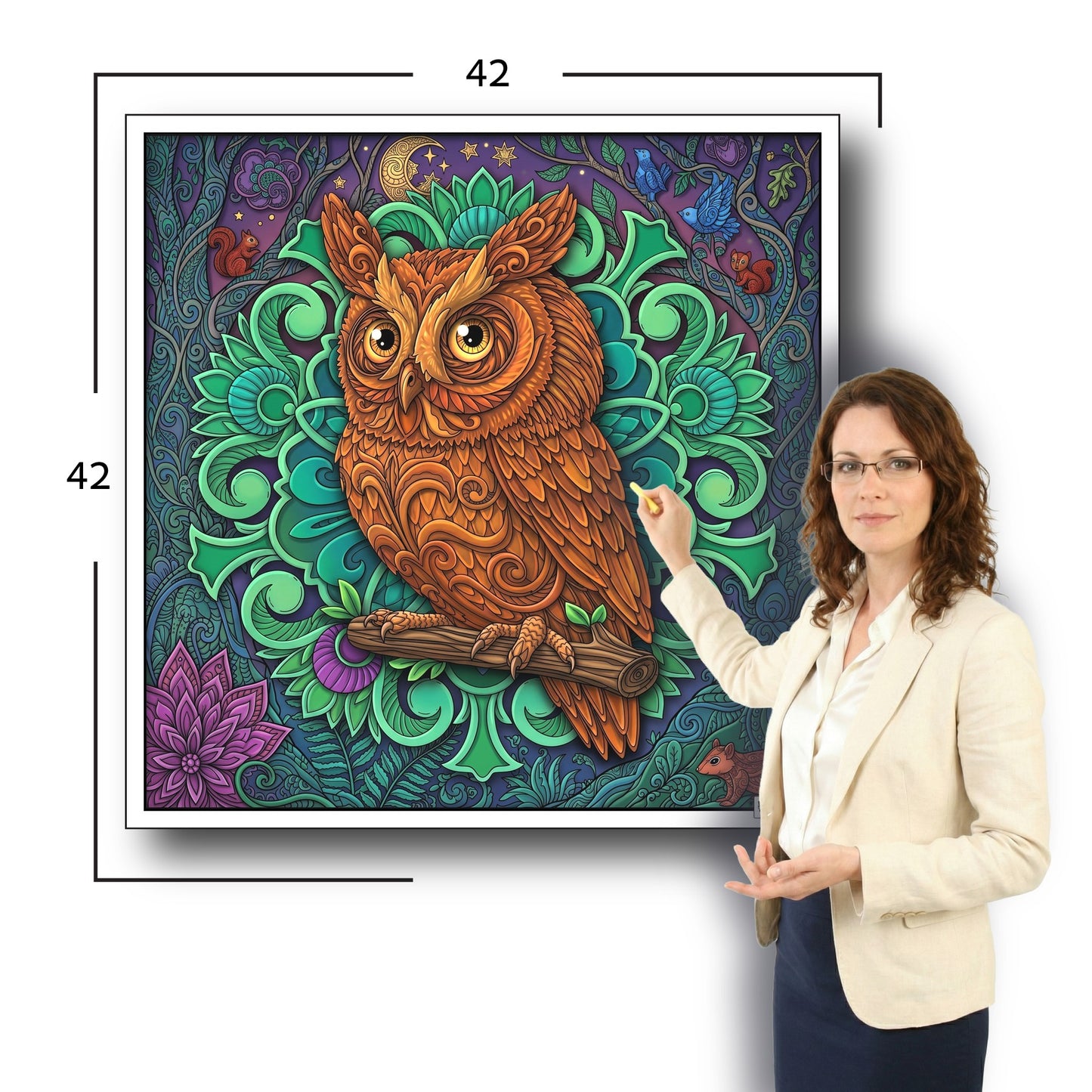 Large Adult Coloring Poster Page Owl Made of Mandala Floral