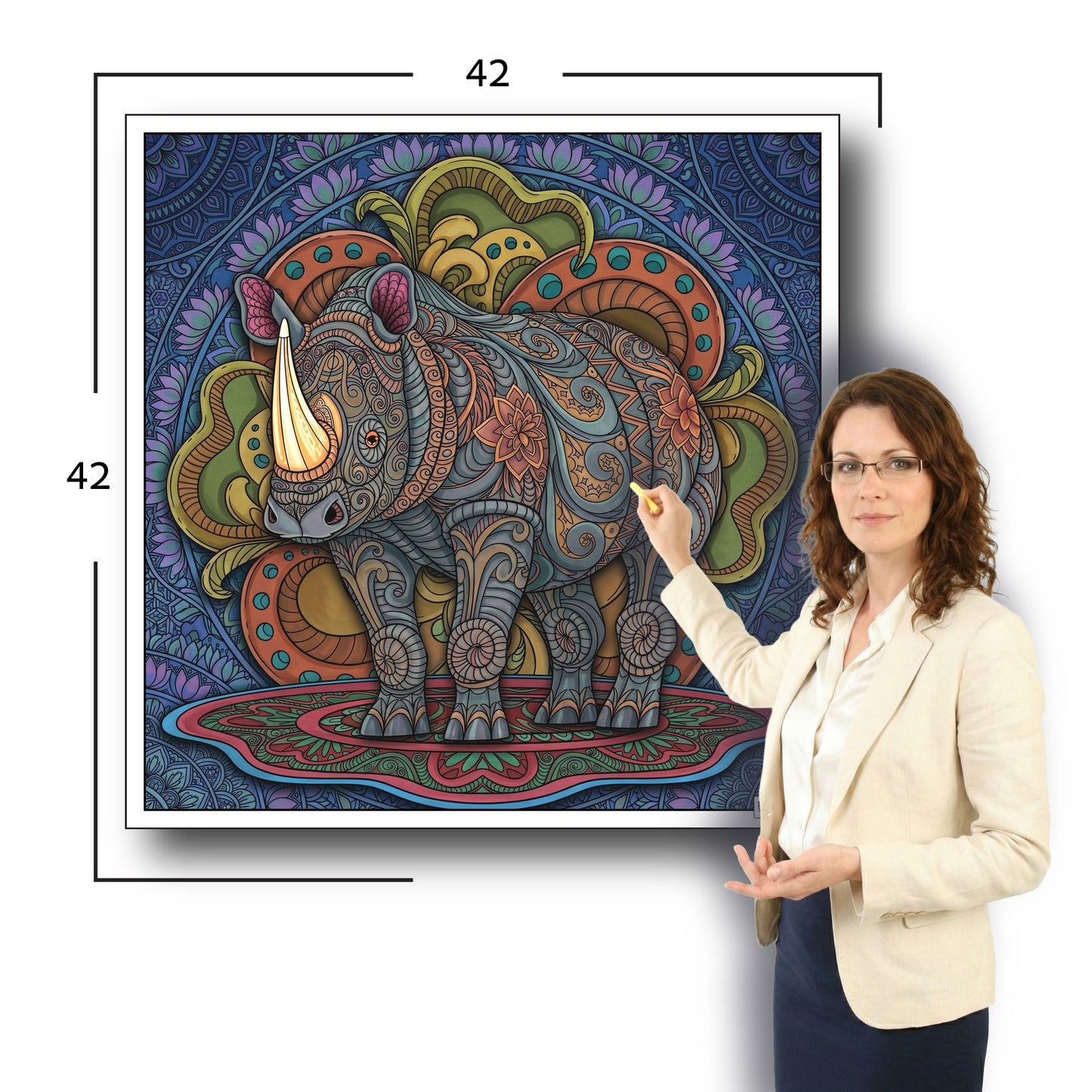 Large Adult Coloring Poster Page Rhino Made of Mandala Floral