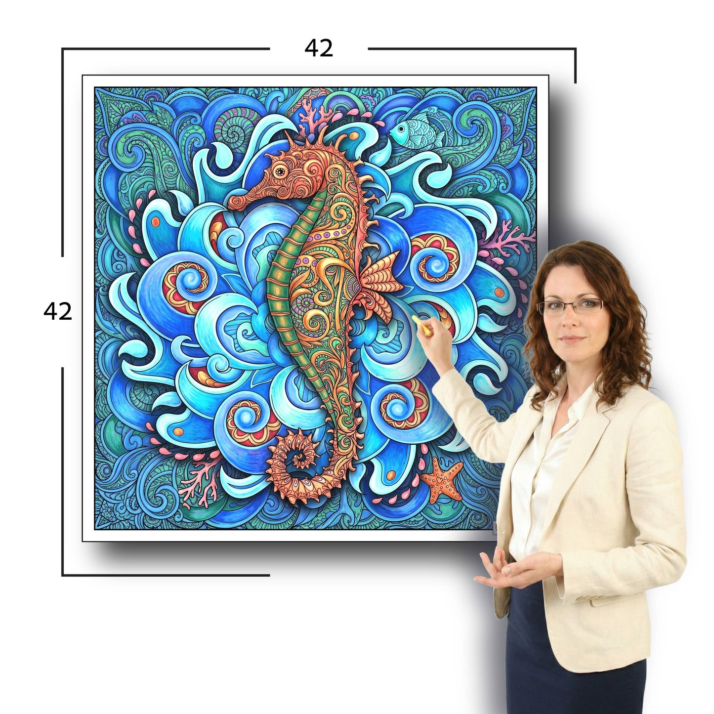 Large Adult Coloring Poster Page Seahorse Made of Mandala Floral