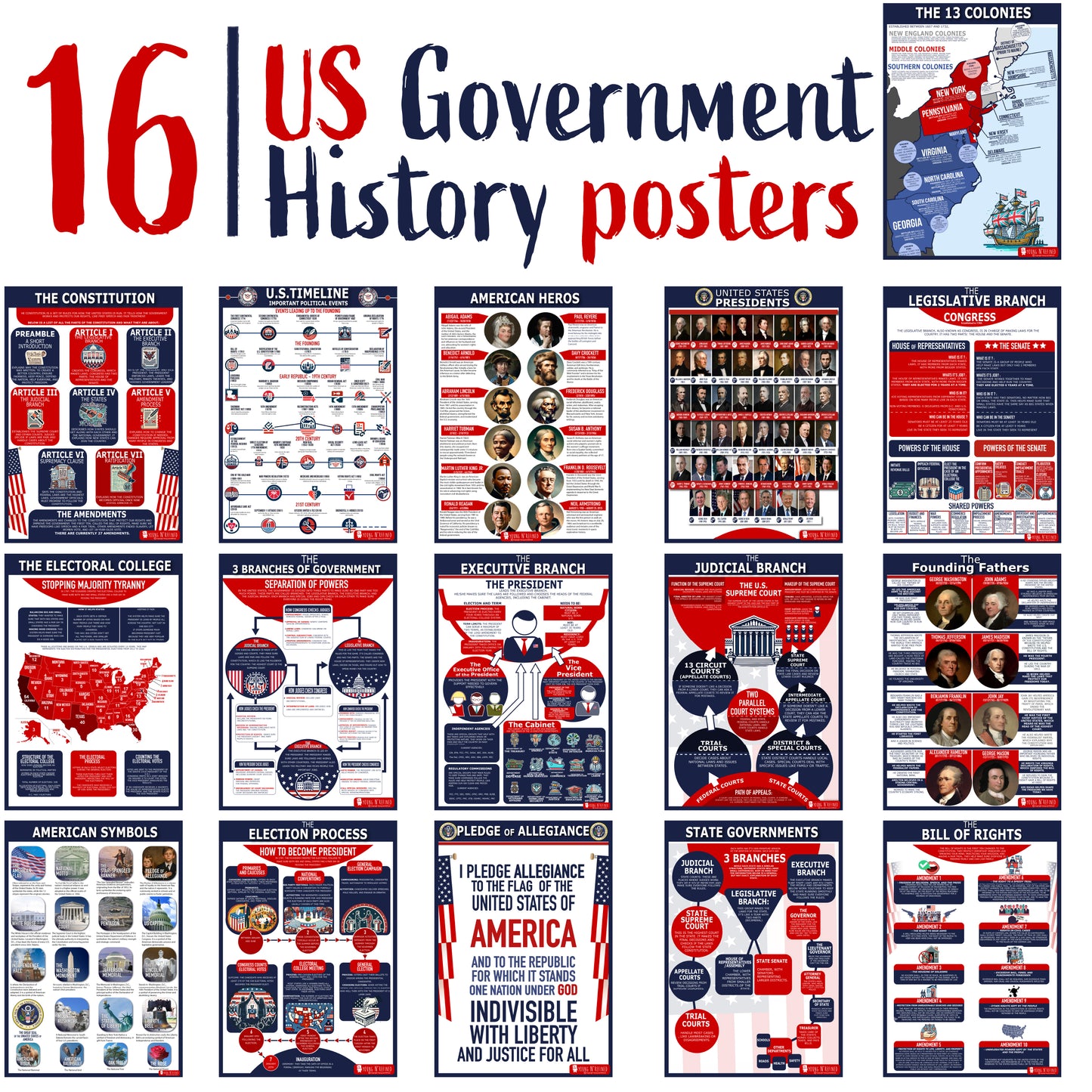 16 US Government History Large Poster Pack Charts for Classrooms 12.5x18 Matt & Laminated