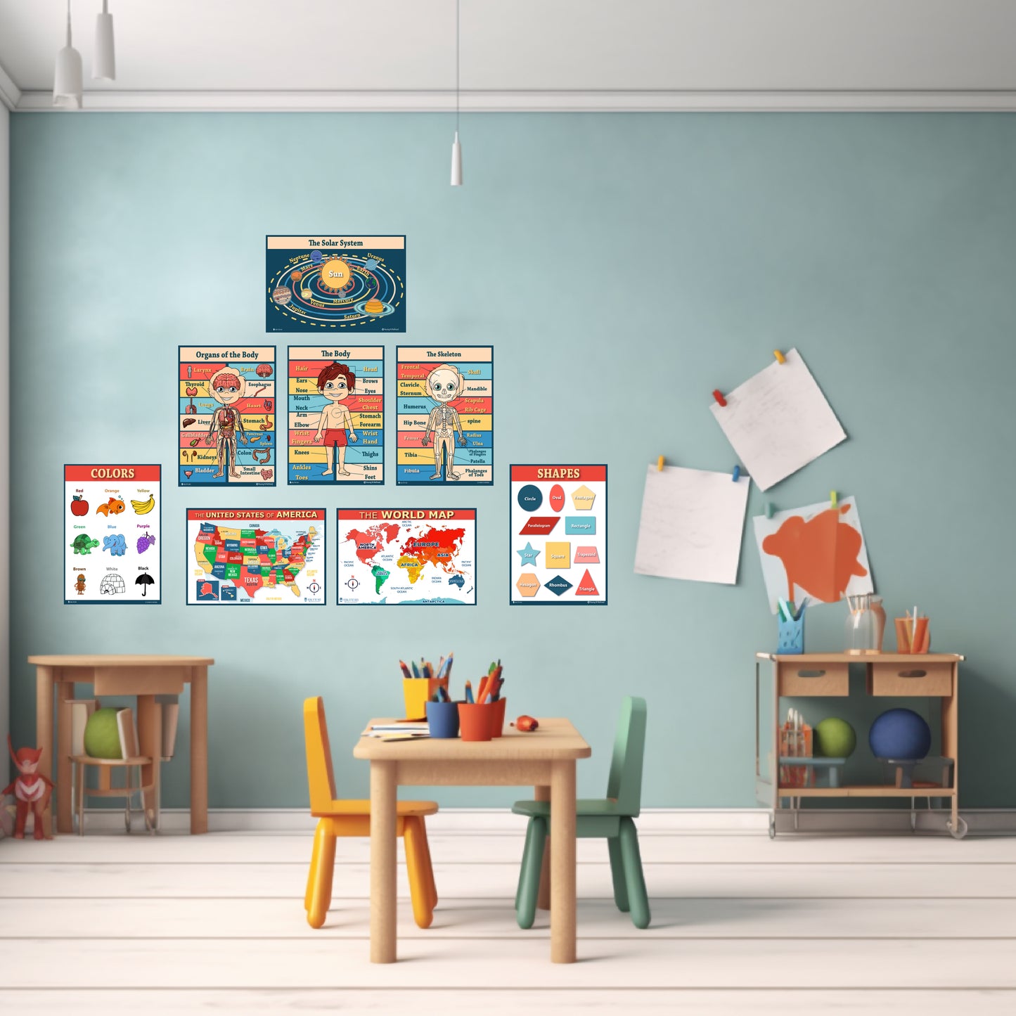 16 Educational poster pack Charts for classrooms early learning Alphabet Abc days of the week poster, shapes poster, counting months of the year poster, learning colors GLOSSY PAPER