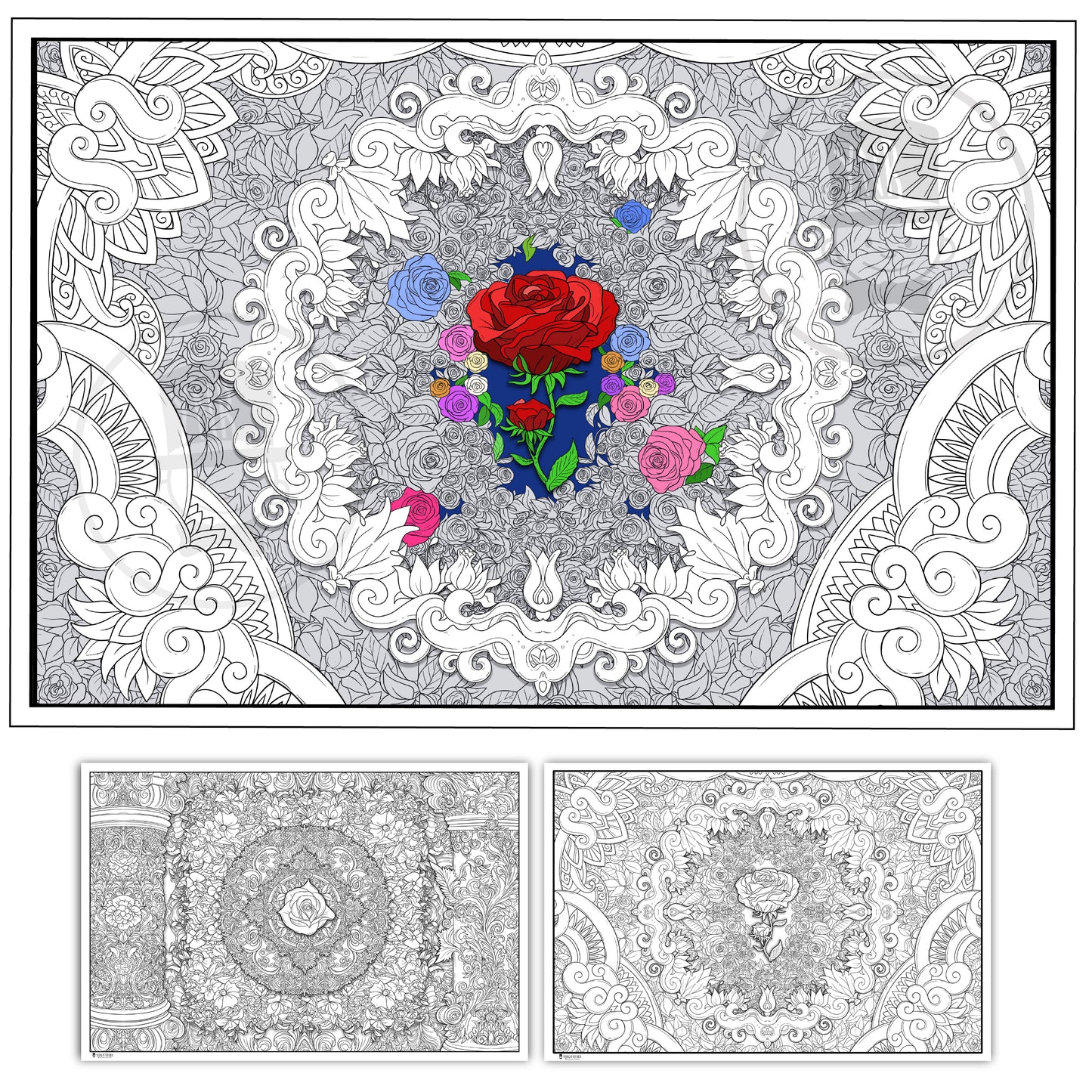 2 Pack of Giant Coloring Posters of Center Rose Among Flower Mandalas Folded Version Young N Refined