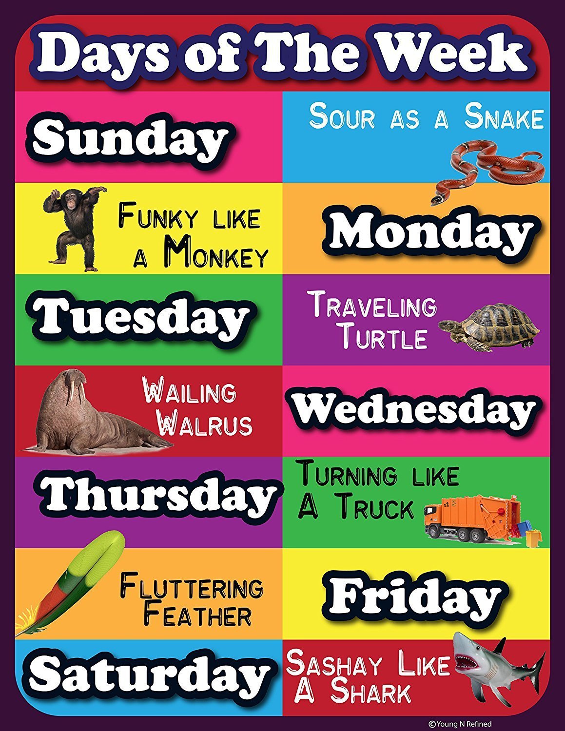 Days of the week Lamintated Educational chart fun poster for kids and teachers with funny lines and animals - Young N' Refined