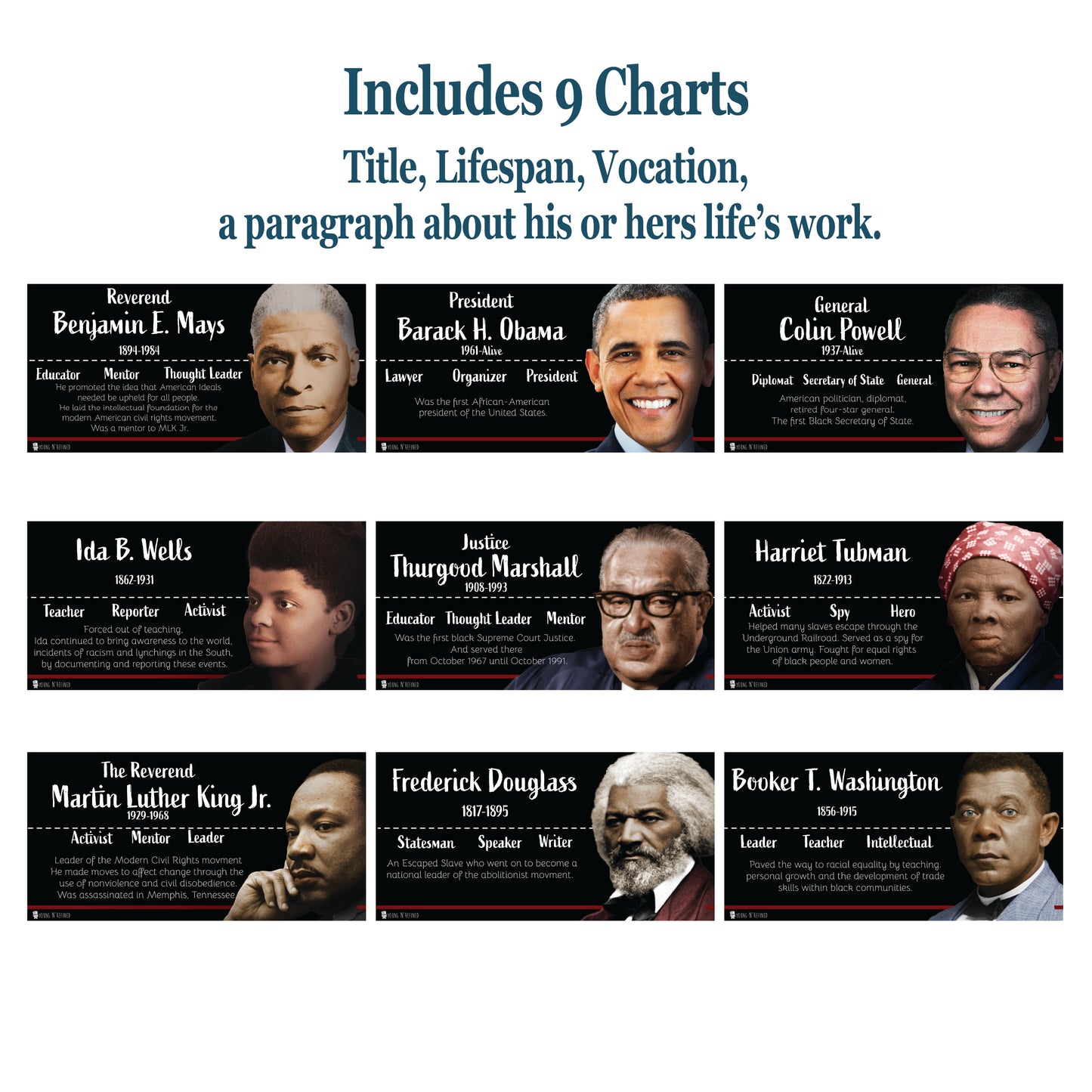 Black Heroes Poster bulletin board Set 9 Pack Glossy Paper (9"x19") Young N Refined