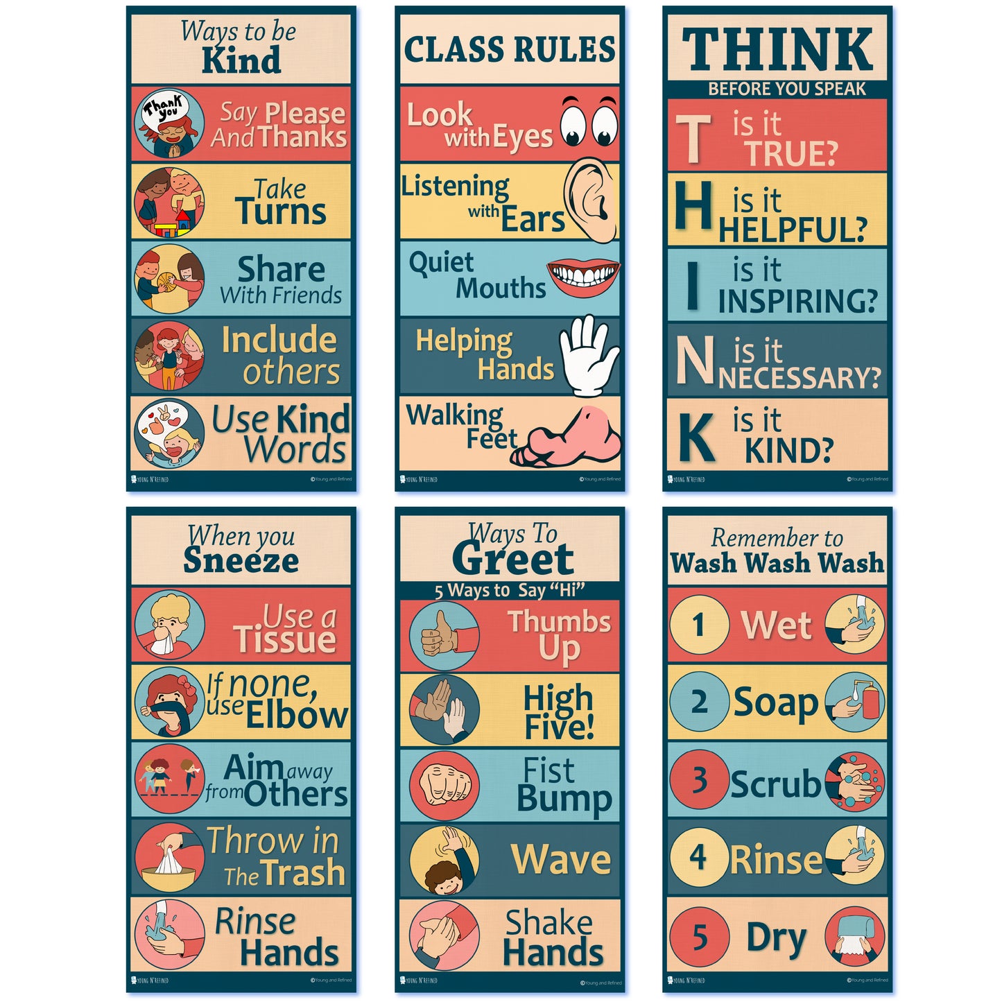 Classroom Rules posters 6 pack of laminated school signs (9x19) Young N Refined