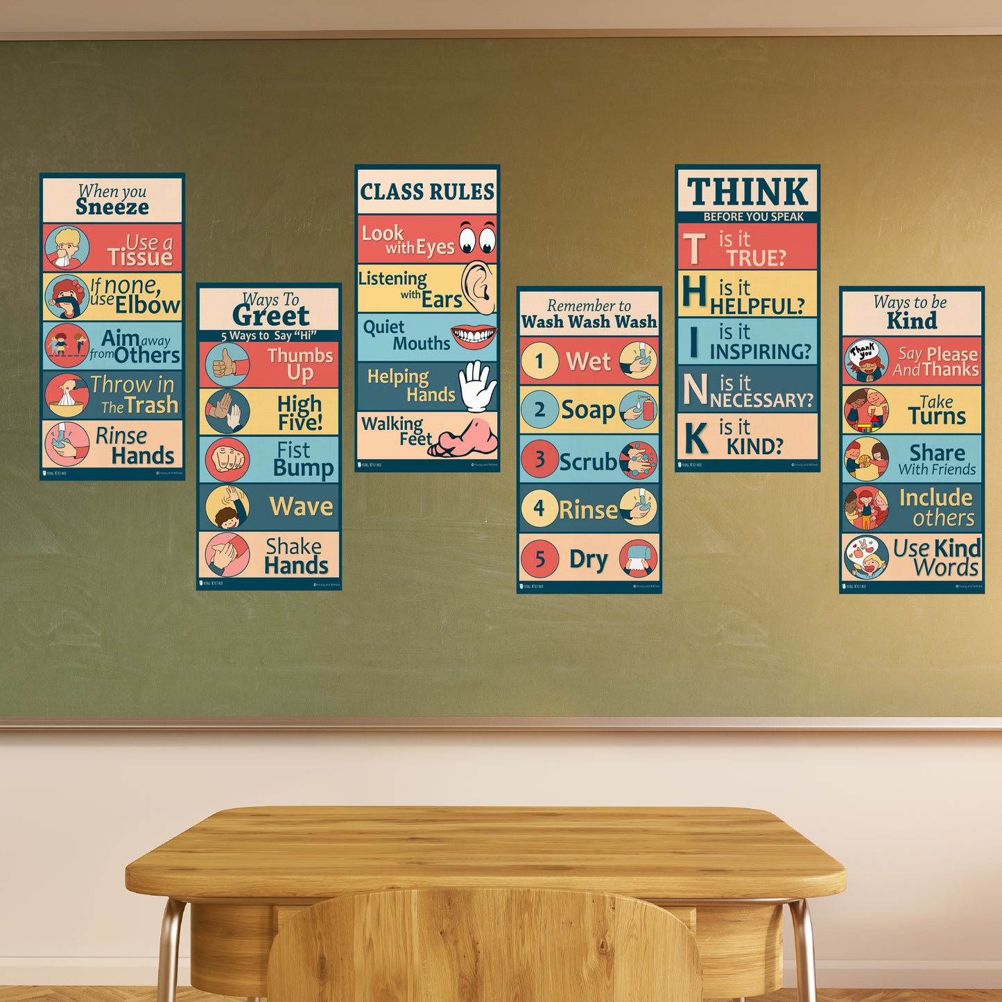 Classroom Rules posters 6 pack of laminated school signs (9x19) Young N Refined
