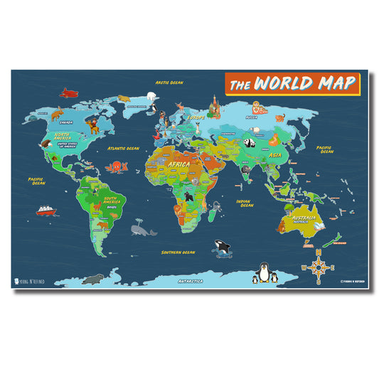 Illustrated World map poster for kids Laminated