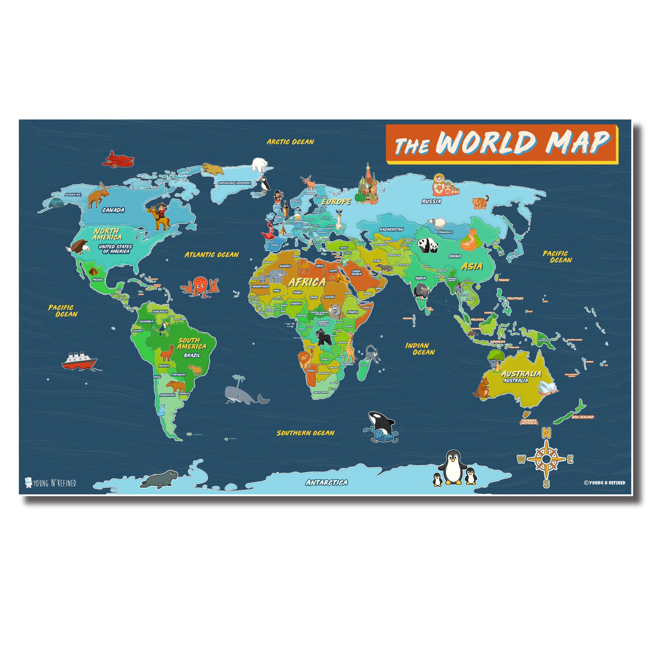 USA And World Map Poster 2-Pack For Kids - Laminated Extra Large 24x36 Inch Illustrated Educational Charts