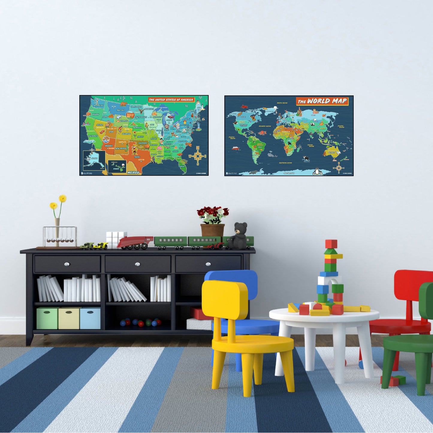 USA and World map poster 2 pack for kids Laminated large illustrated Young N Refined