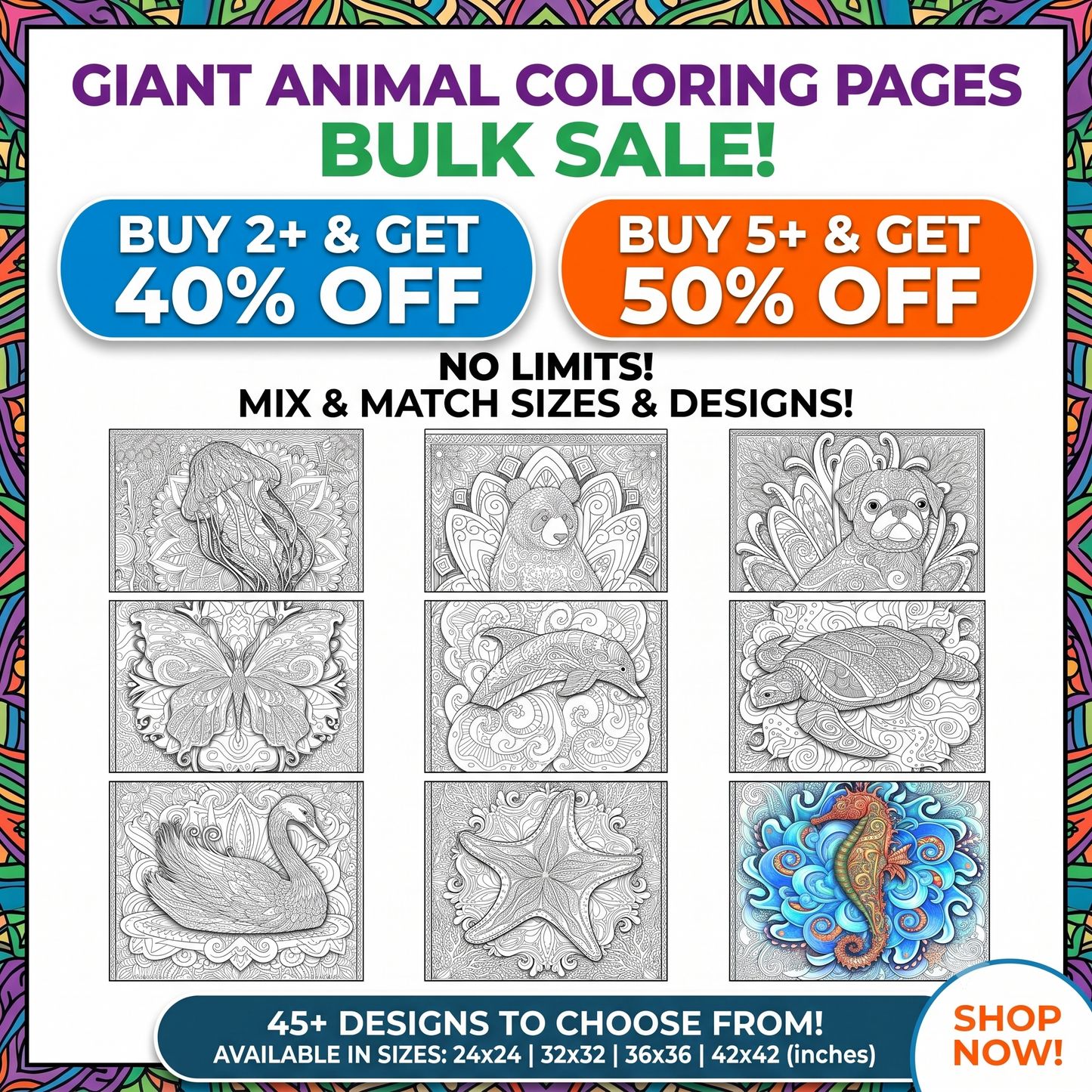 Large Adult Coloring Poster Page Wolf Made of Mandala Floral