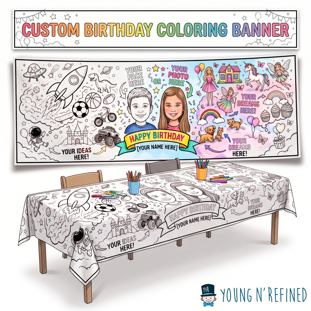 Custom Birthday Coloring Page Table Cloth - Your Photo or Idea Turned Into a Coloring Page Young N Refined