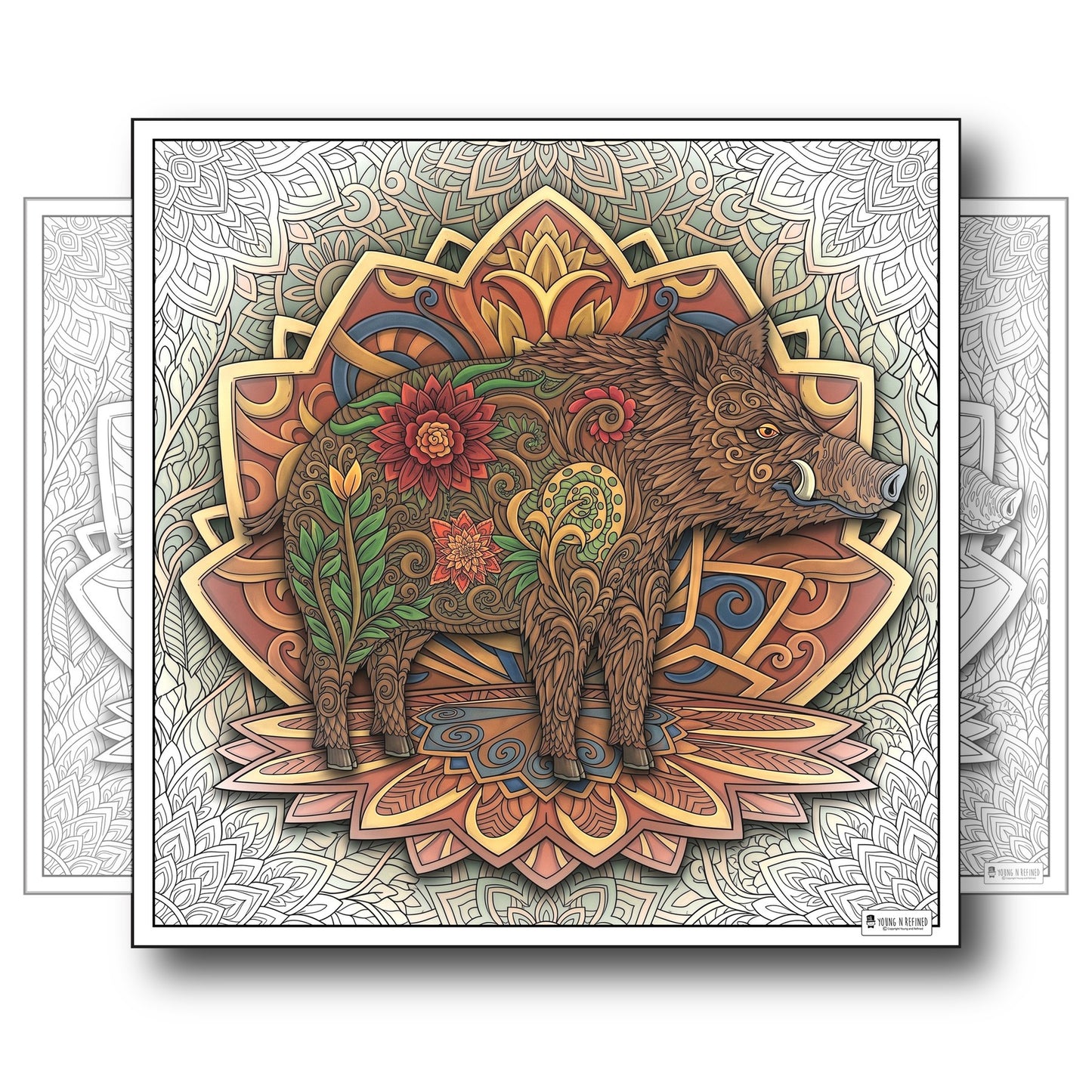 Large Adult Coloring Poster Page Boar Made of Mandala Floral
