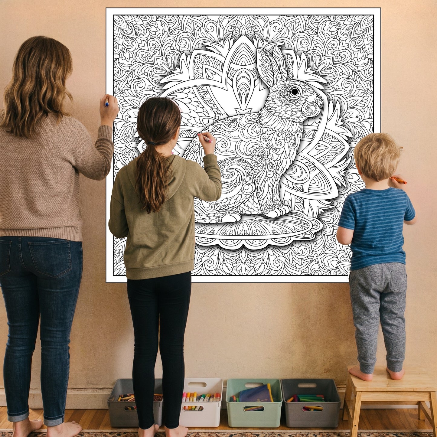 Large Adult Coloring Poster Page Bunny Made of Mandala Floral