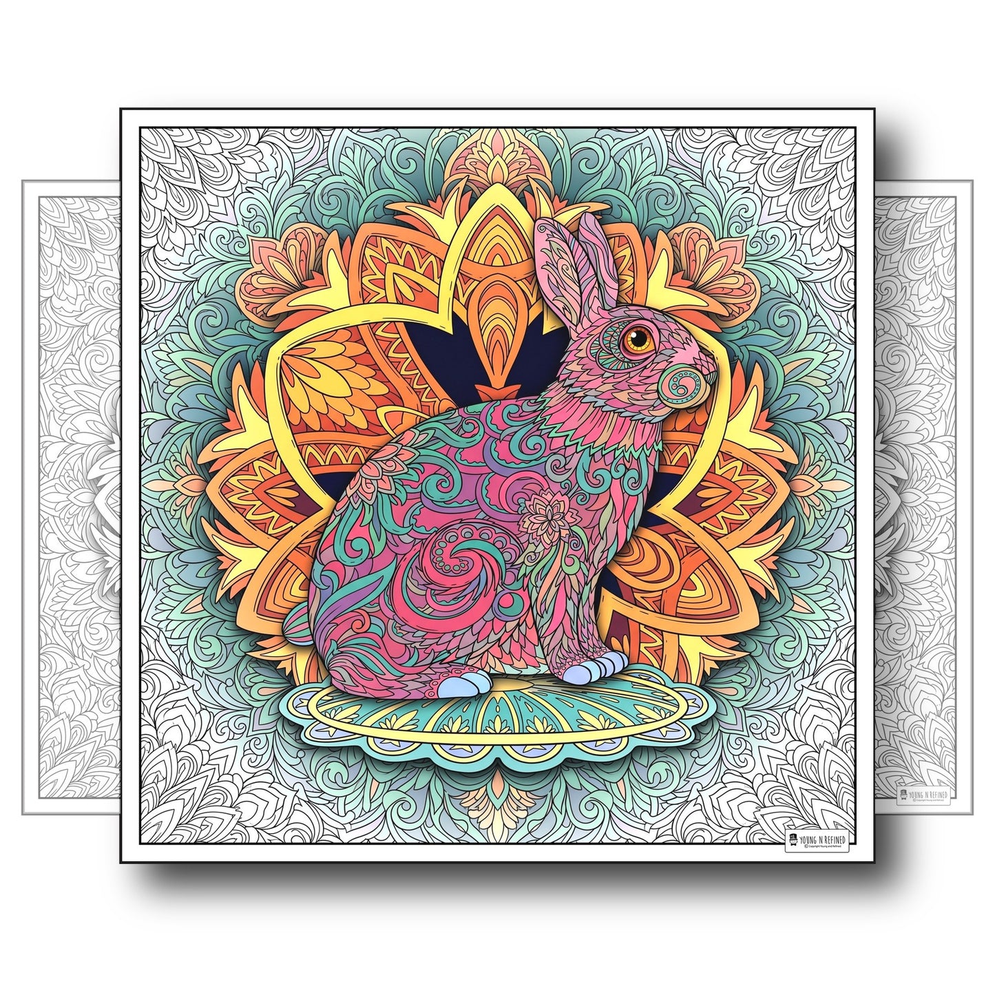 Large Adult Coloring Poster Page Bunny Made of Mandala Floral