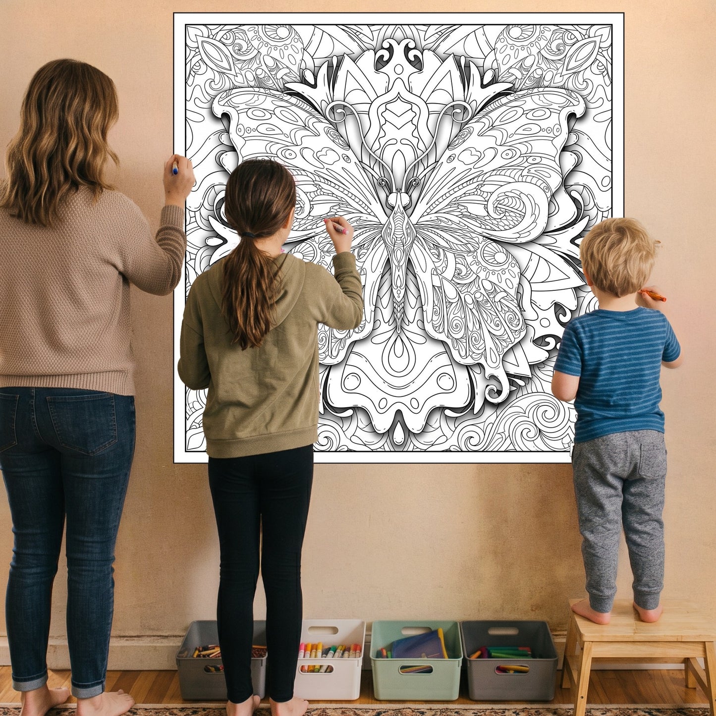 Large Adult Coloring Poster Page Butterfly Made of Mandala Floral