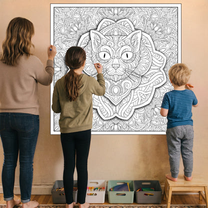 Large Adult Coloring Poster Page Cat Made of Mandala Floral