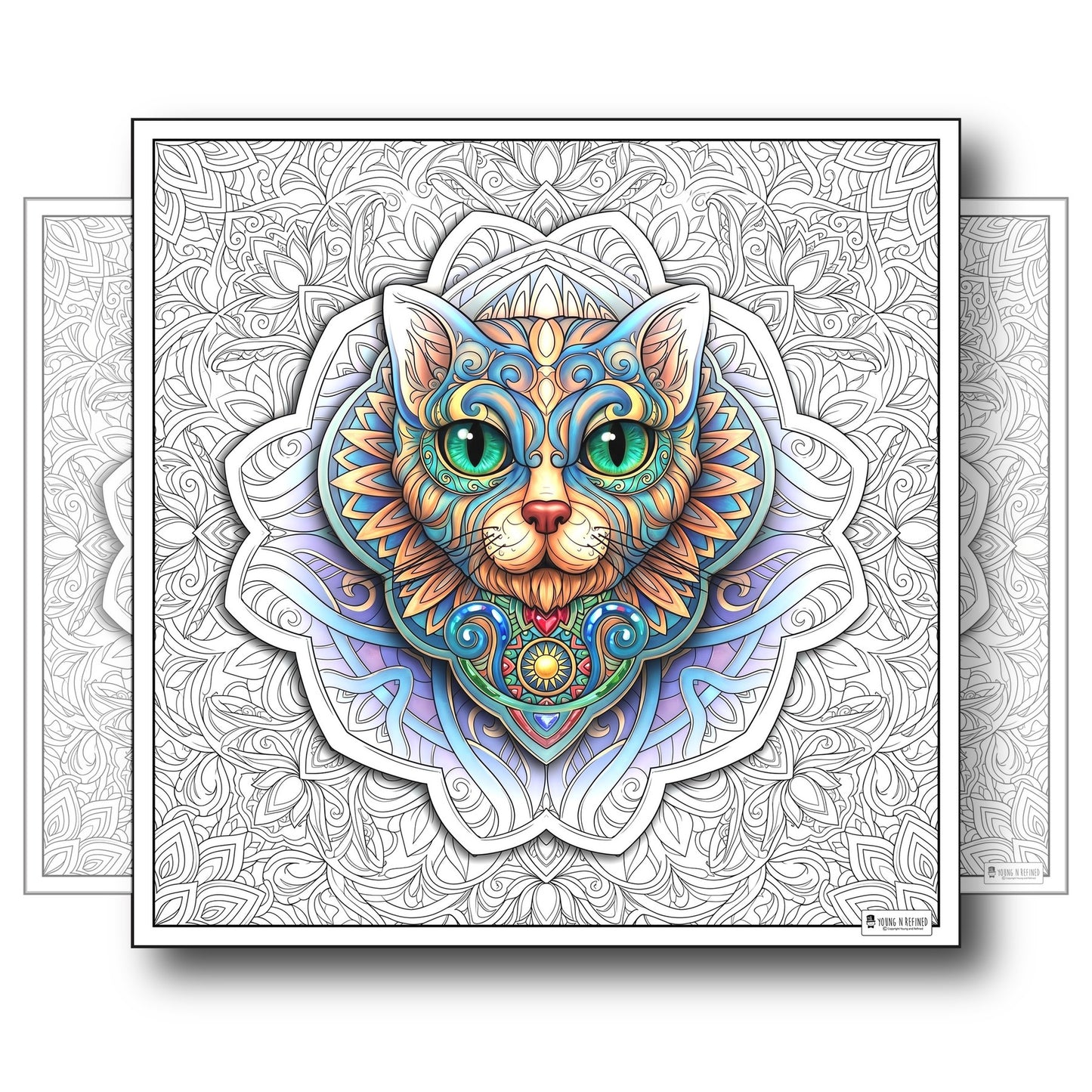 Large Adult Coloring Poster Page Cat Made of Mandala Floral