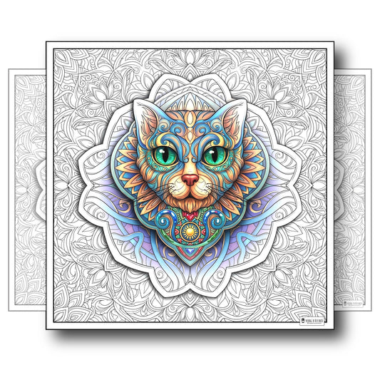 Large Adult Coloring Poster Page Cat Made of Mandala Floral