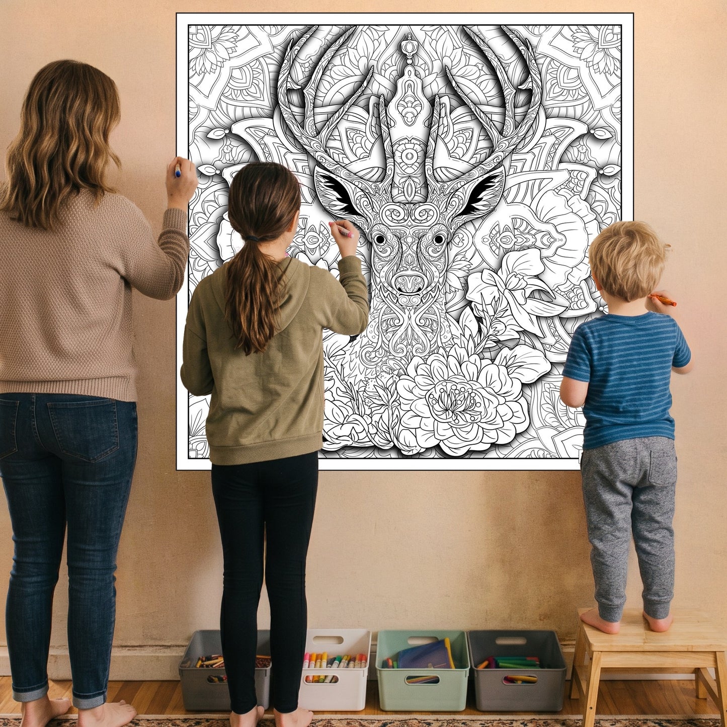 Large Adult Coloring Poster Page Deer Made of Mandala Floral