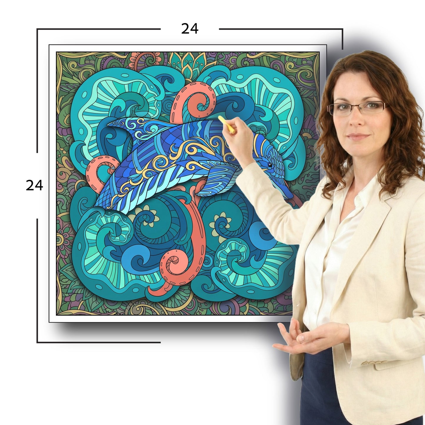 Large Adult Coloring Poster Page Dolphin Made of Mandala Floral