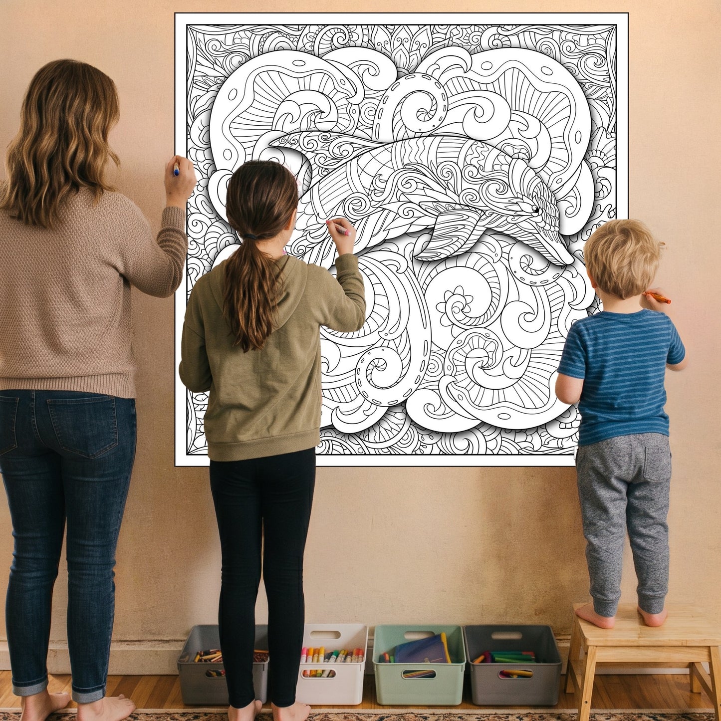 Large Adult Coloring Poster Page Dolphin Made of Mandala Floral