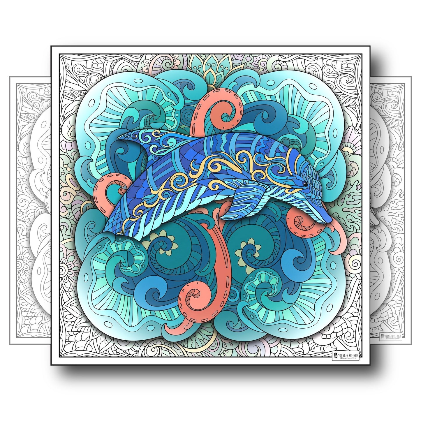 Large Adult Coloring Poster Page Dolphin Made of Mandala Floral