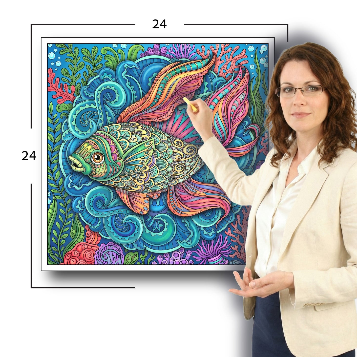 Large Adult Coloring Poster Page Fish Made of Mandala Floral