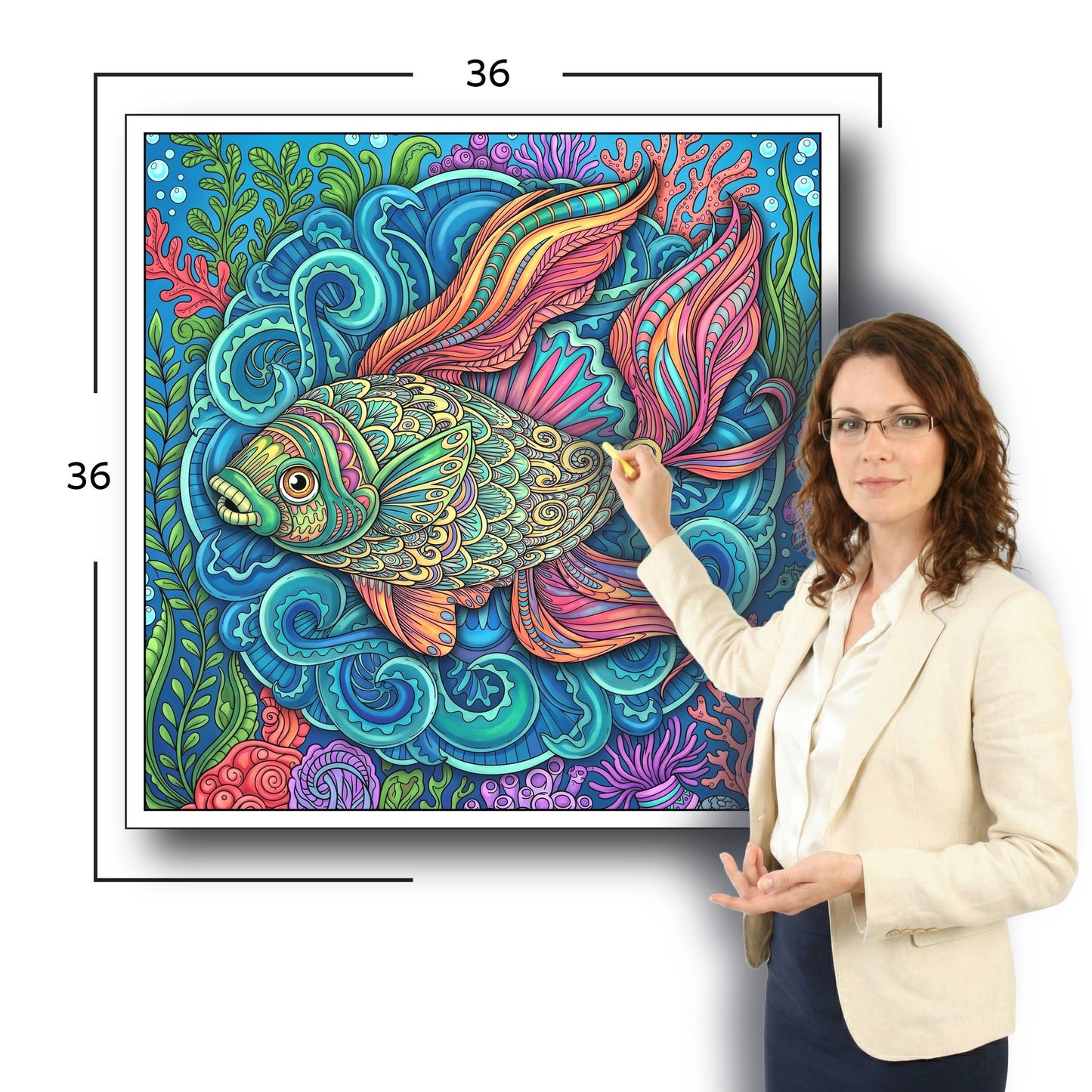 Large Adult Coloring Poster Page Fish Made of Mandala Floral
