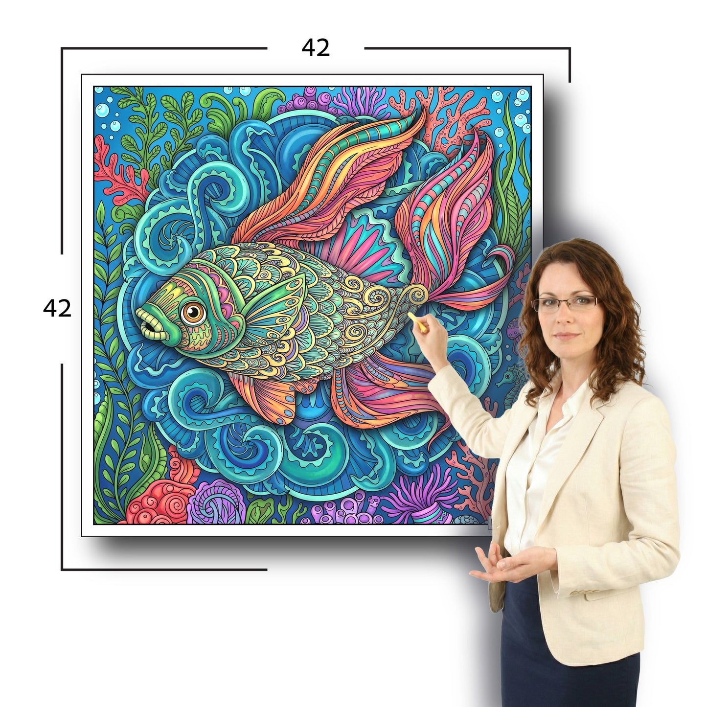 Large Adult Coloring Poster Page Fish Made of Mandala Floral