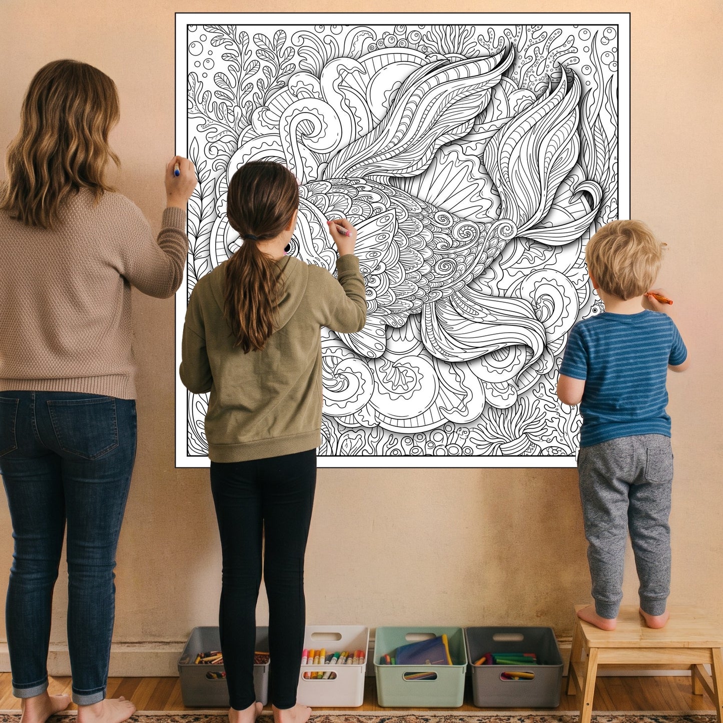 Large Adult Coloring Poster Page Fish Made of Mandala Floral