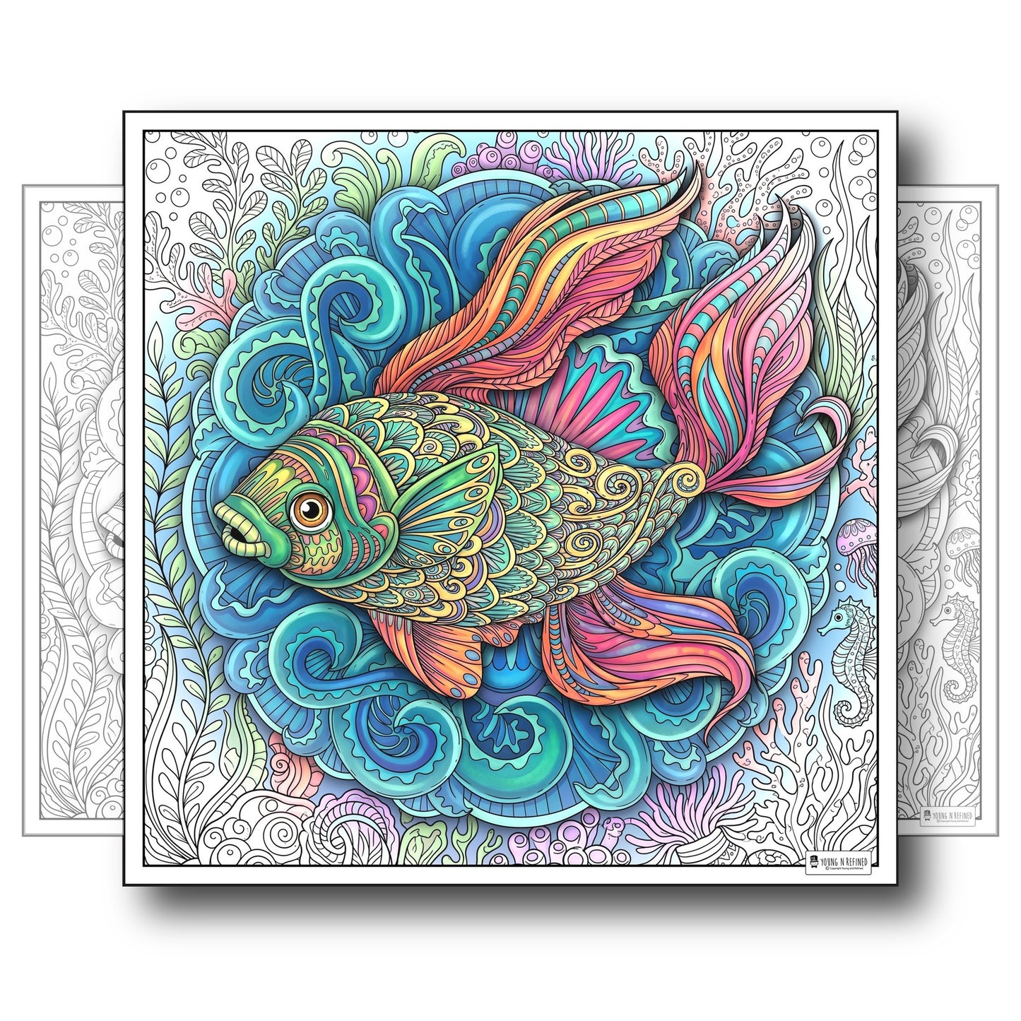 Large Adult Coloring Poster Page Fish Made of Mandala Floral