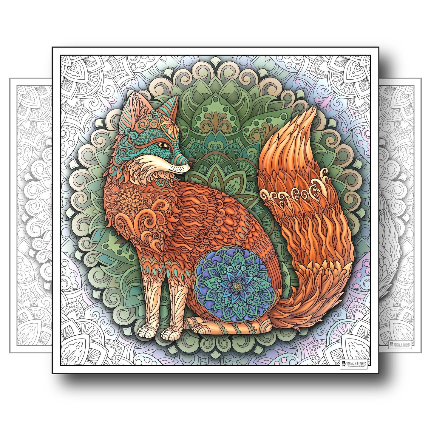 Large Adult Coloring Poster Page Fox Made of Mandala Floral