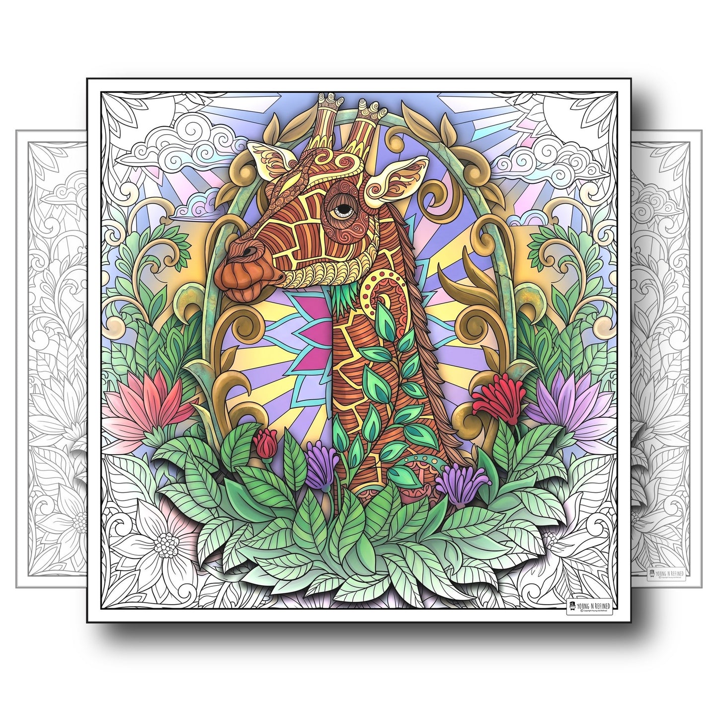 Large Adult Coloring Poster Page Giraffe Made of Mandala Floral