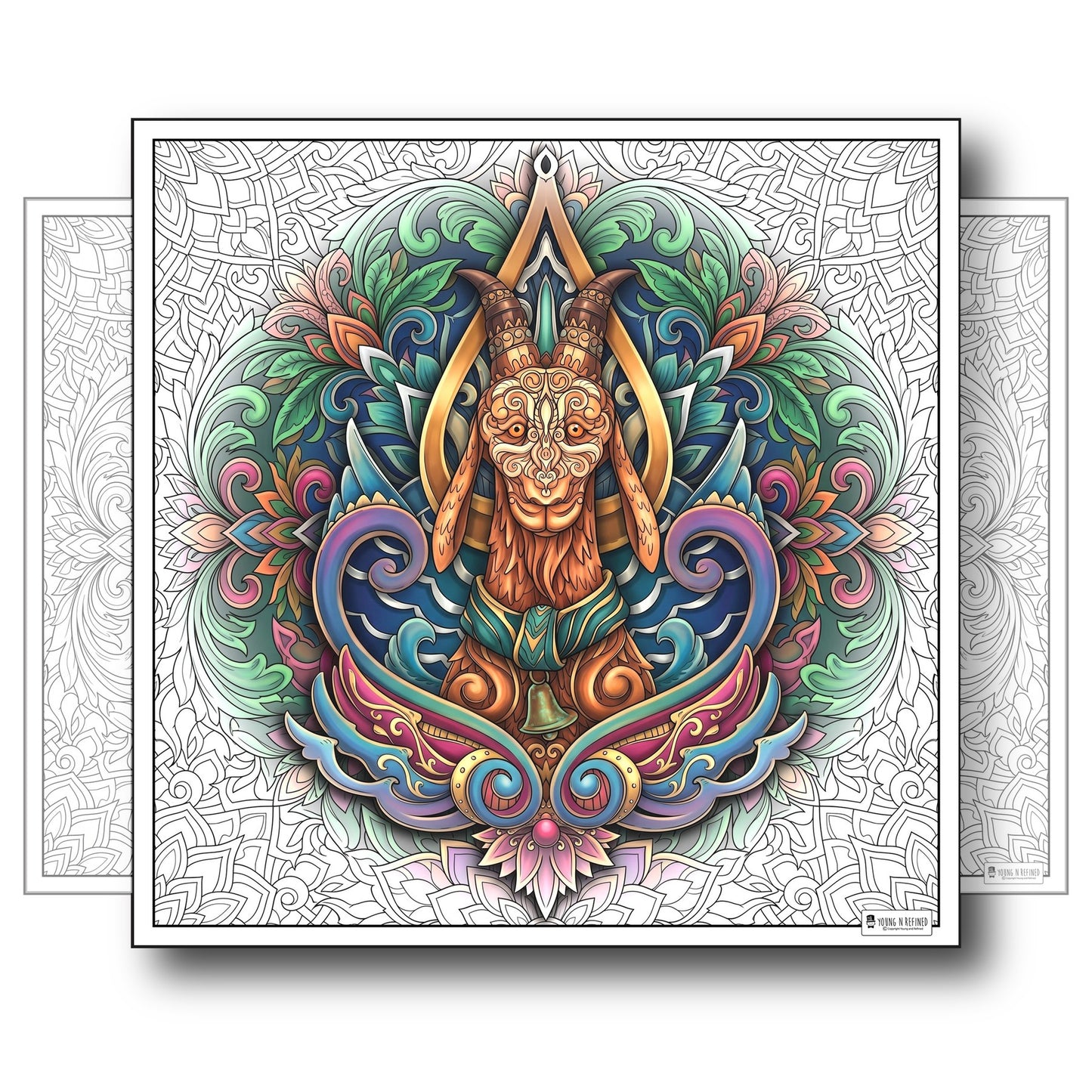 Large Adult Coloring Poster Page Goat Made of Mandala Floral