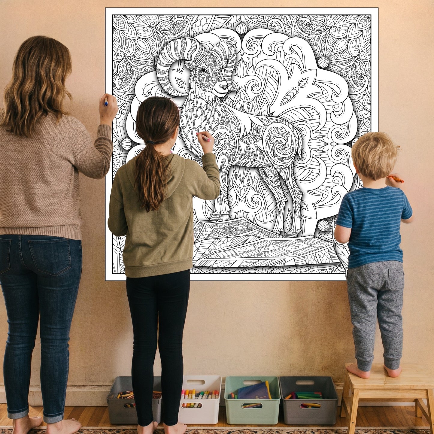 Large Adult Coloring Poster Page Goat Made of Mandala Floral