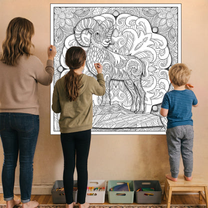 Large Adult Coloring Poster Page Goat Made of Mandala Floral