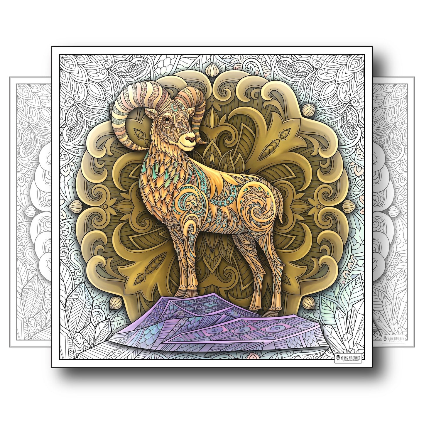 Large Adult Coloring Poster Page Goat Made of Mandala Floral