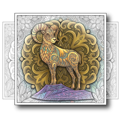 Large Adult Coloring Poster Page Goat Made of Mandala Floral
