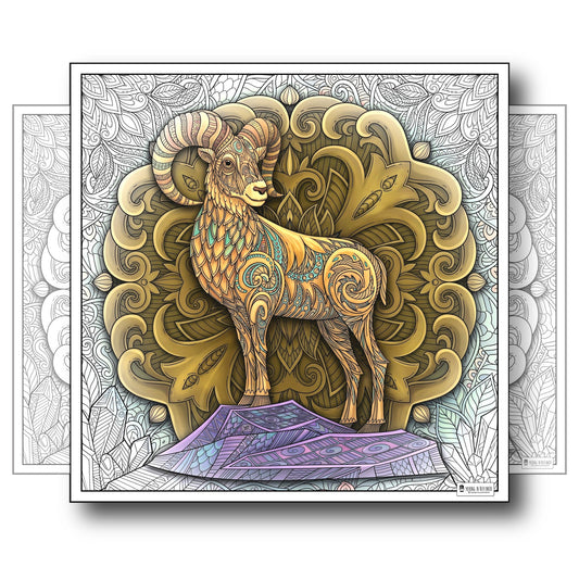 Large Adult Coloring Poster Page Goat Made of Mandala Floral