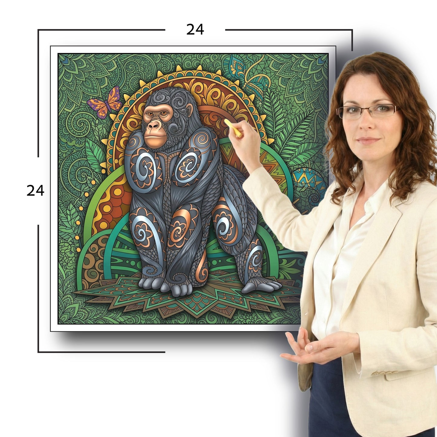 Large Adult Coloring Poster Page Gorilla Made of Mandala Floral