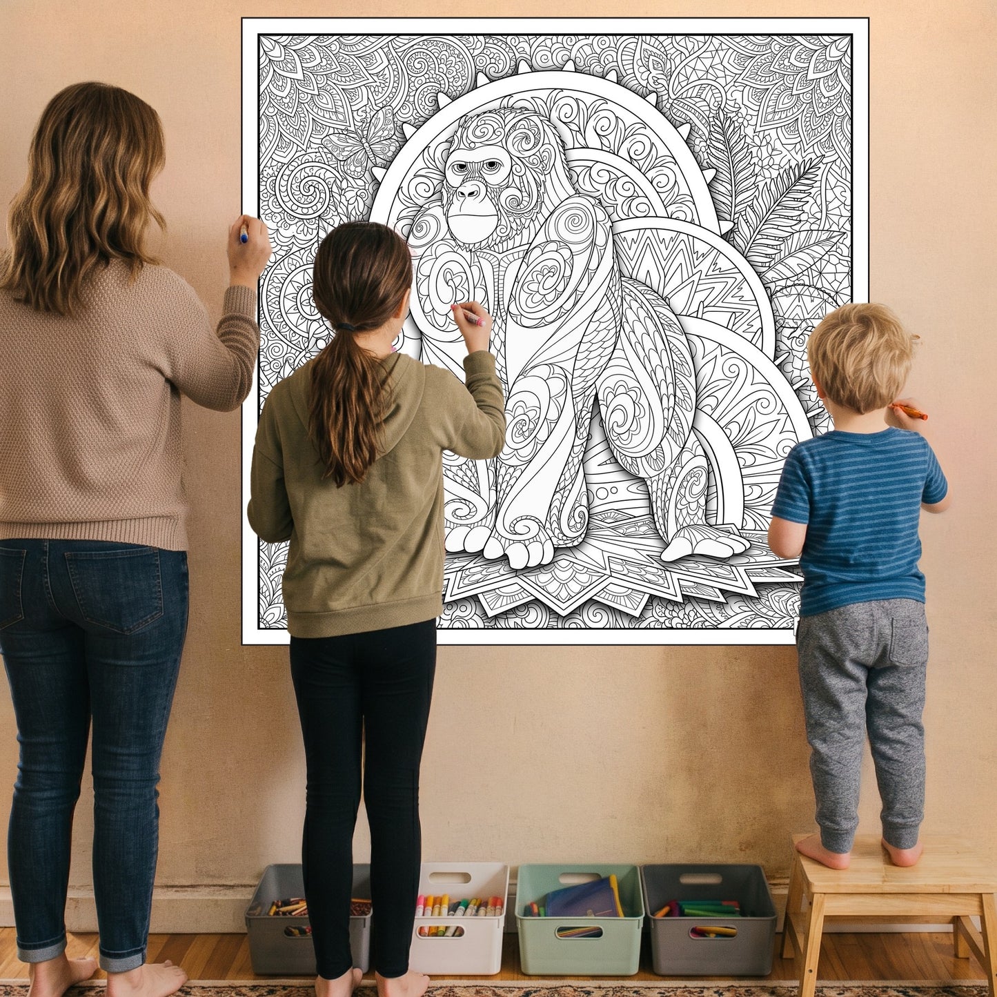 Large Adult Coloring Poster Page Gorilla Made of Mandala Floral