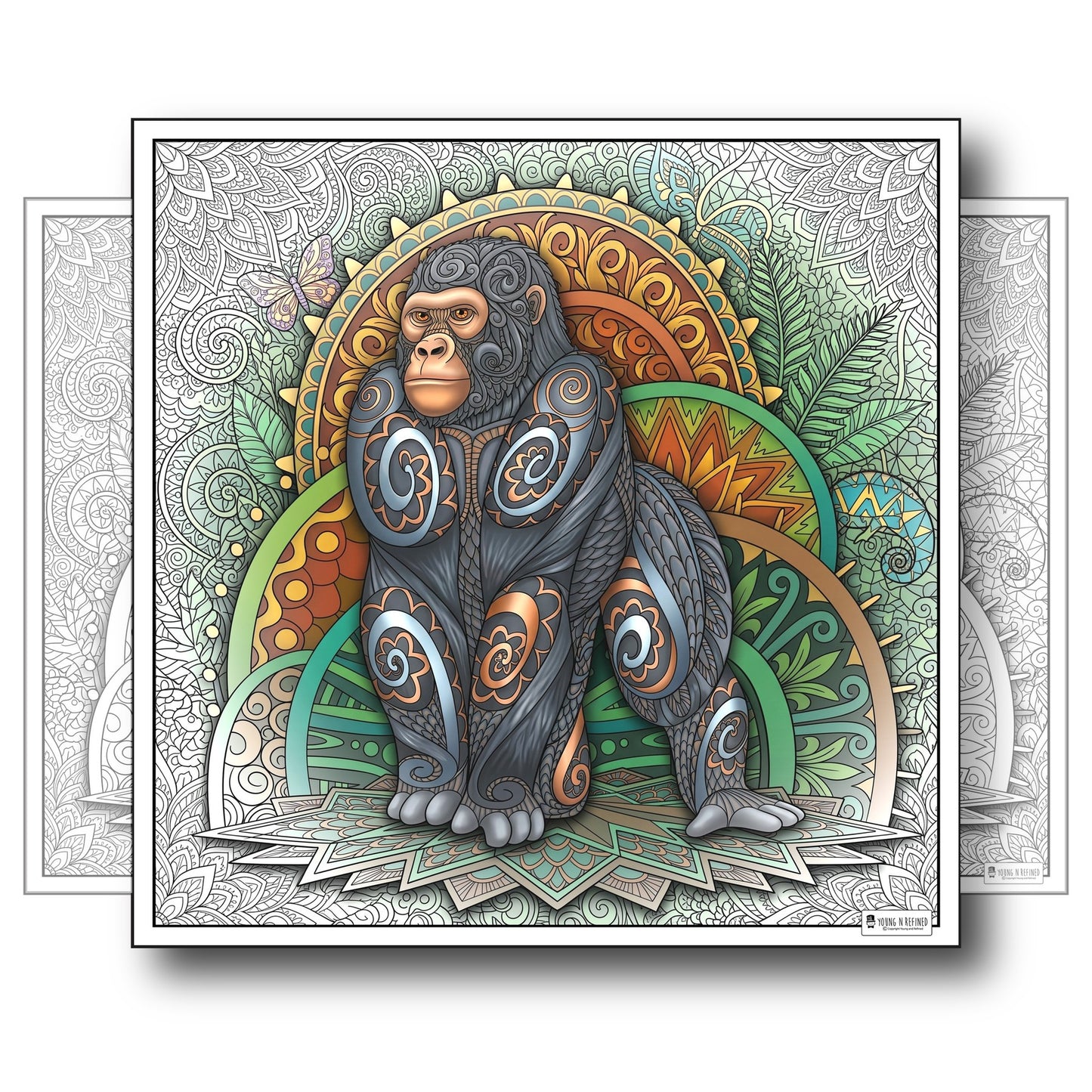 Large Adult Coloring Poster Page Gorilla Made of Mandala Floral