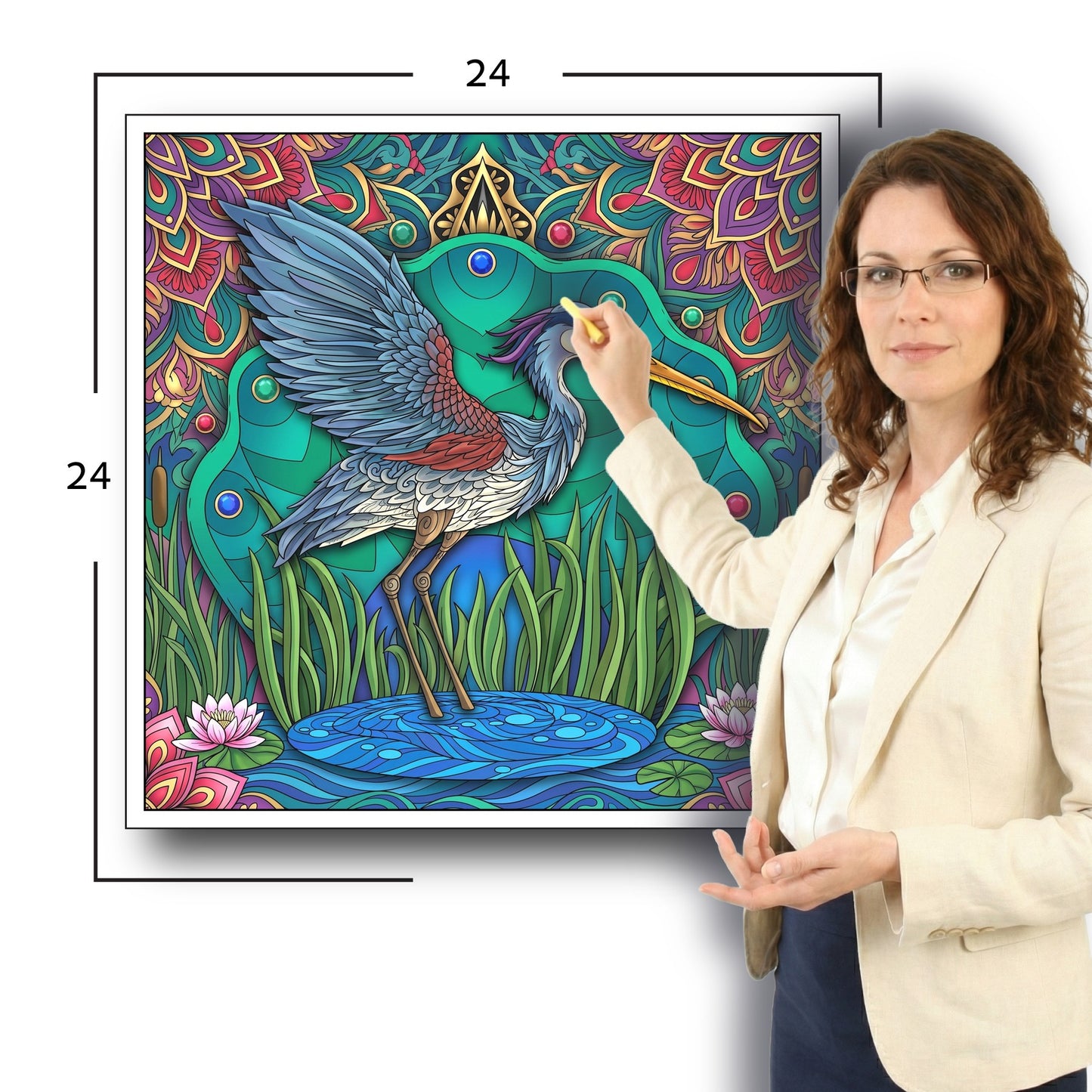 Large Adult Coloring Poster Page Heron Made of Mandala Floral