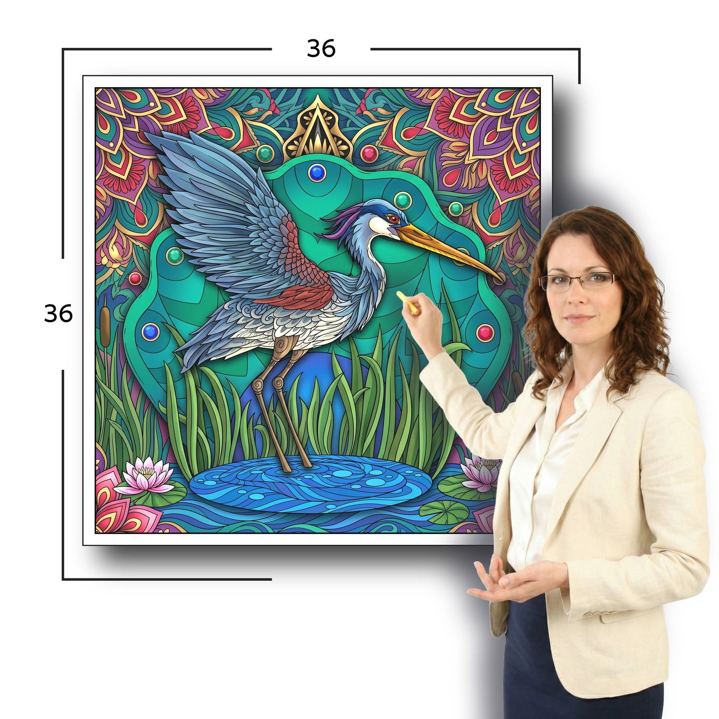 Large Adult Coloring Poster Page Heron Made of Mandala Floral