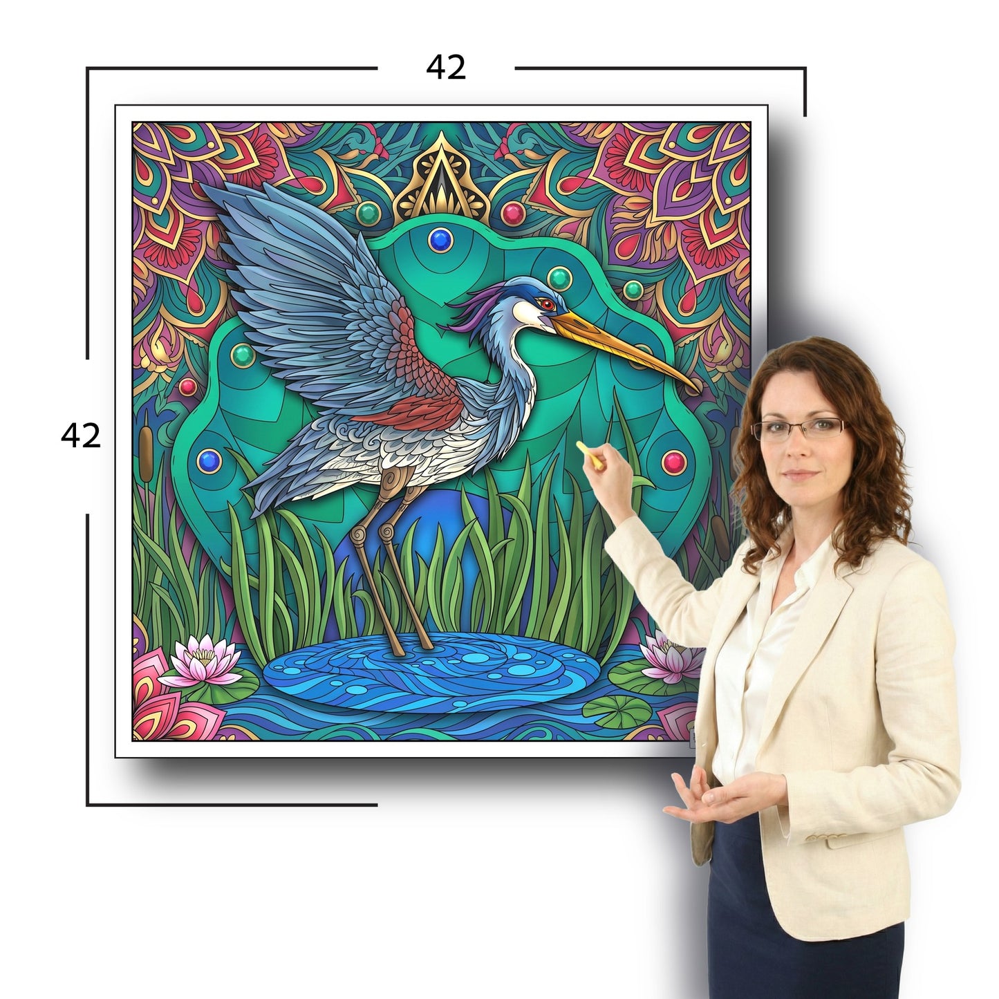 Large Adult Coloring Poster Page Heron Made of Mandala Floral