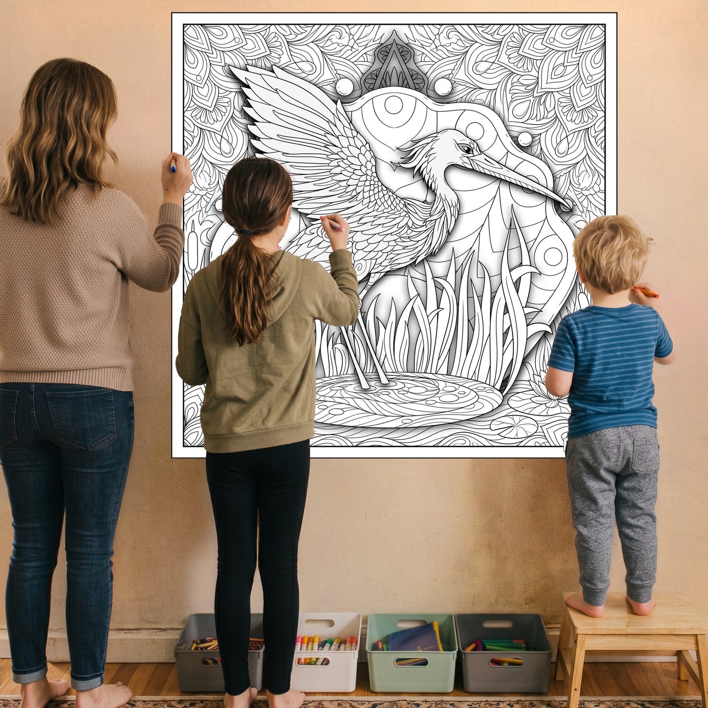 Large Adult Coloring Poster Page Heron Made of Mandala Floral