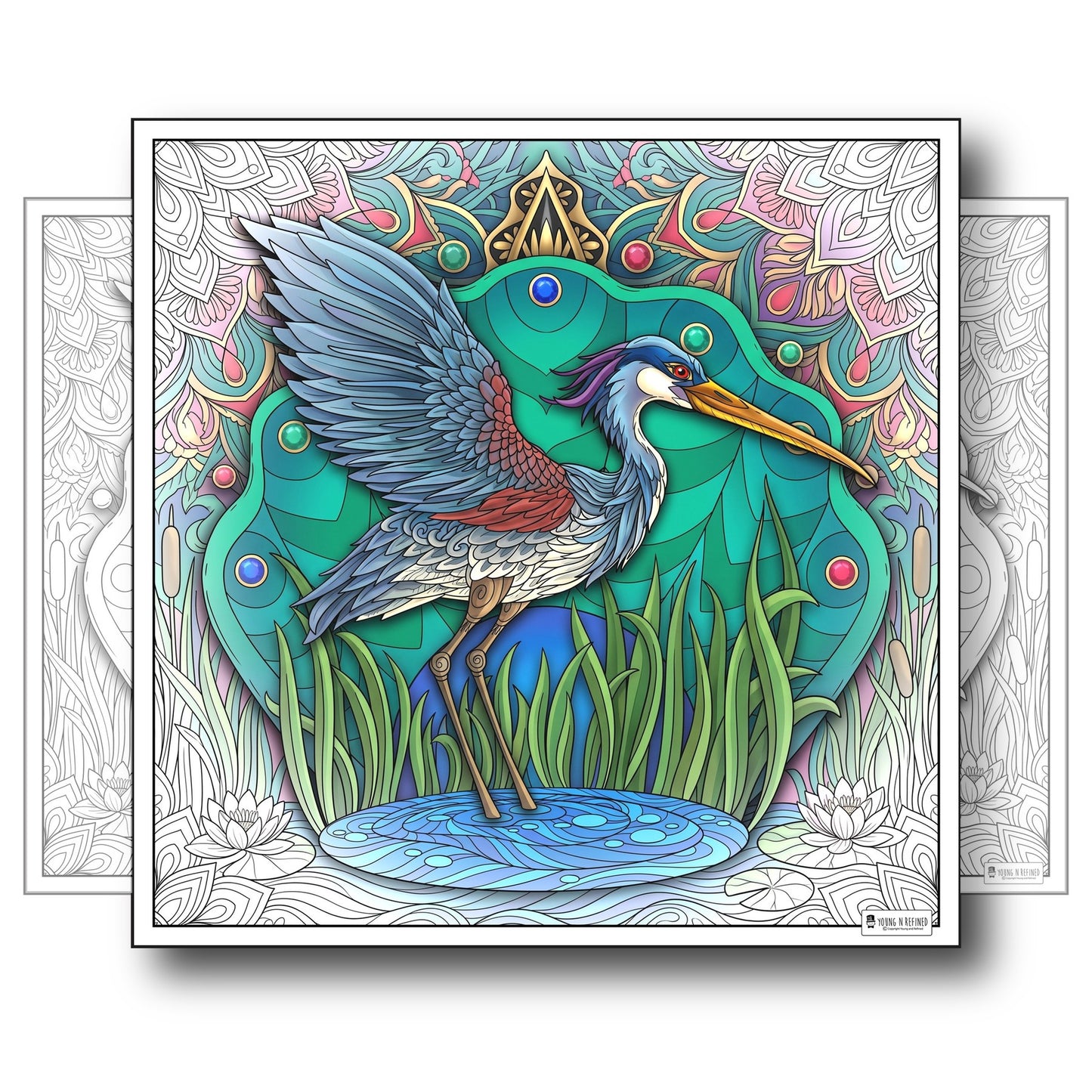 Large Adult Coloring Poster Page Heron Made of Mandala Floral