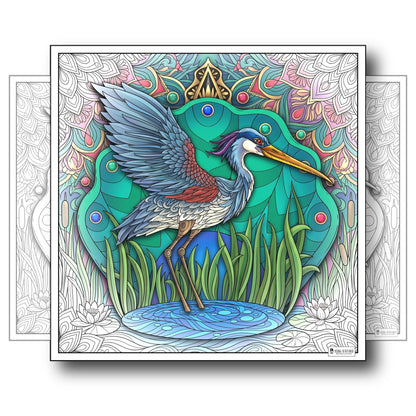 Large Adult Coloring Poster Page Heron Made of Mandala Floral