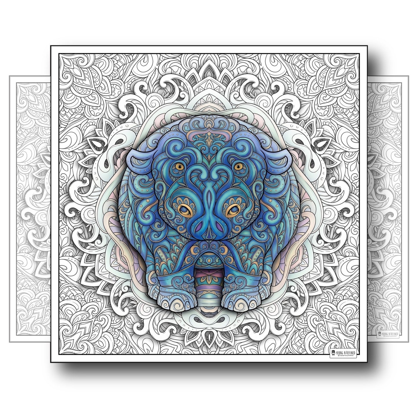 Large Adult Coloring Poster Page Hippo Made of Mandala Floral